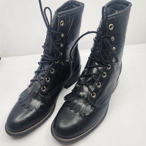 Black Leather LAREDO Women's Western Boots Size 7  Lace-up  Fringed